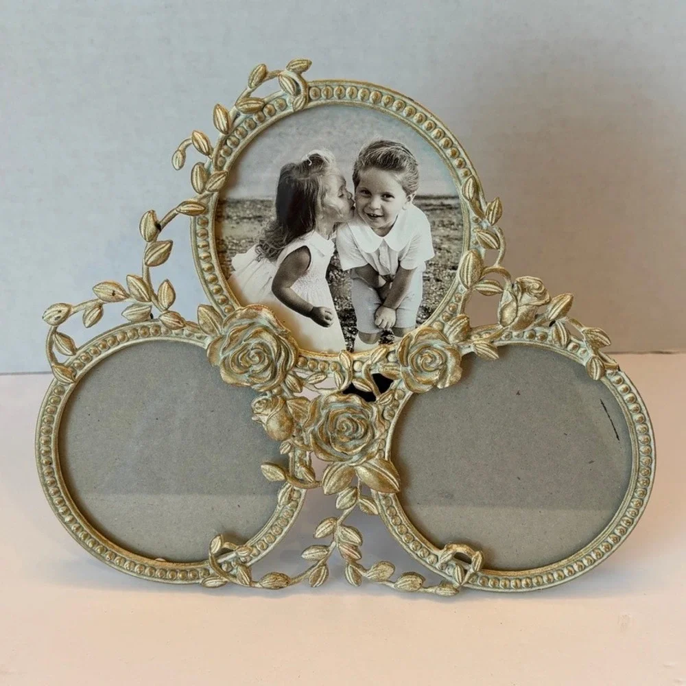 Vtg Burnes Boston Triple PhotoFrame 8X7 Antiqued Roses Birds Victorian Cottage
